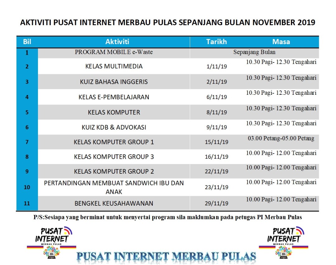 Jadual Aktiviti Bulan November 2019